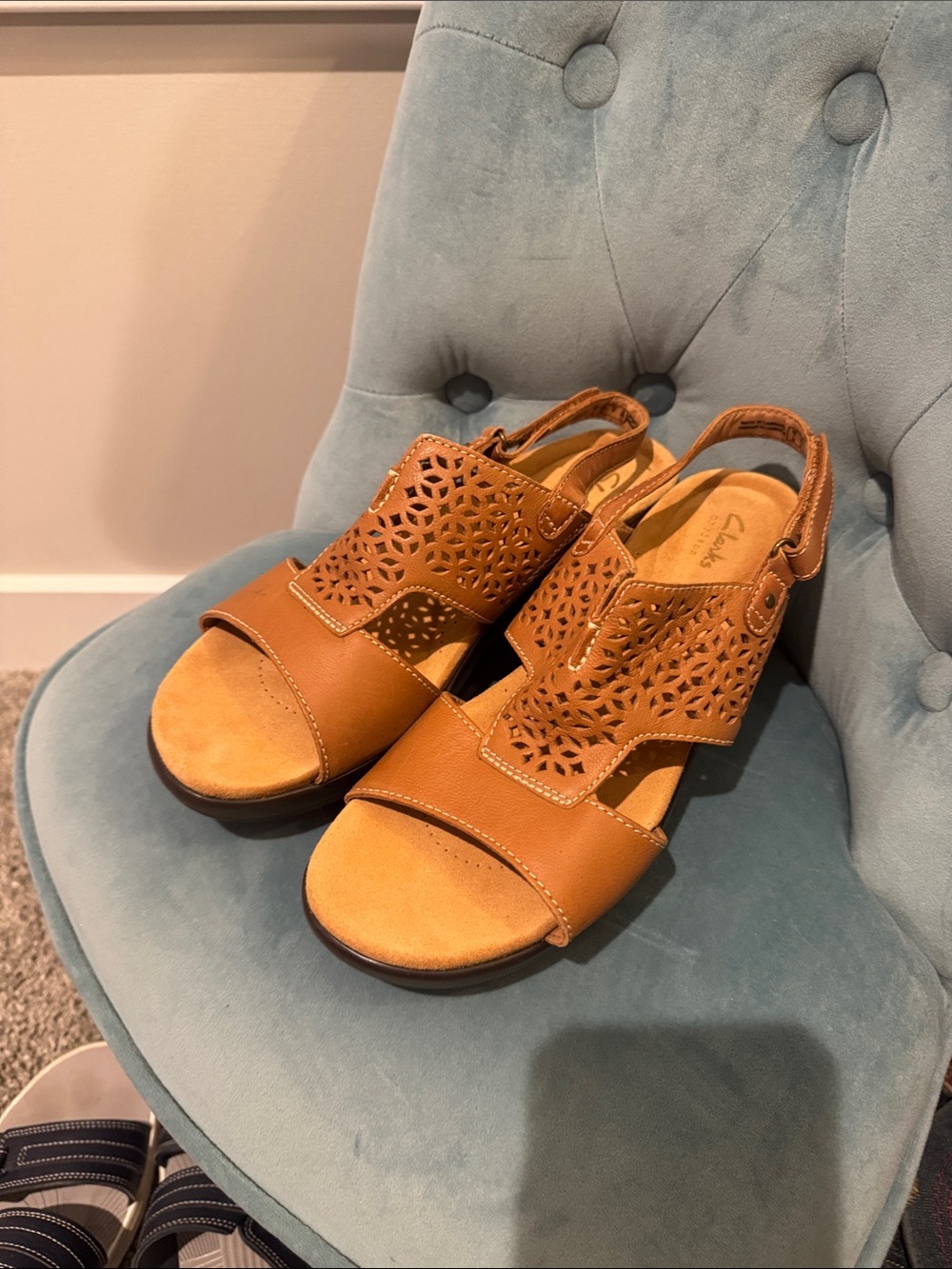 Clarks Women's Cognac Laser-Cut Slingback Sandals. Worn to church 1 time.